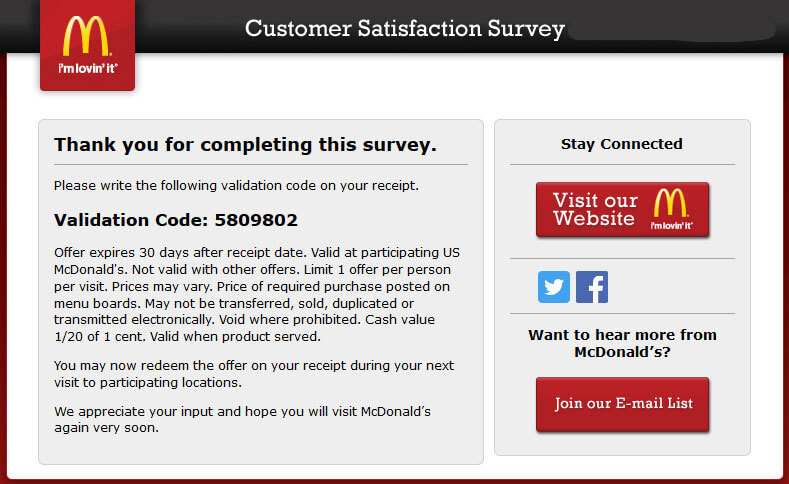 mcdvoice survey validation code